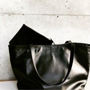 New black soft leather tote with detachable small black suede crossbody.